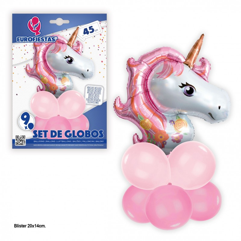 Set 9 globos con unicornio rosa