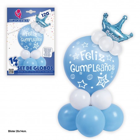 Set globos feliz cumpleaños azul con corona