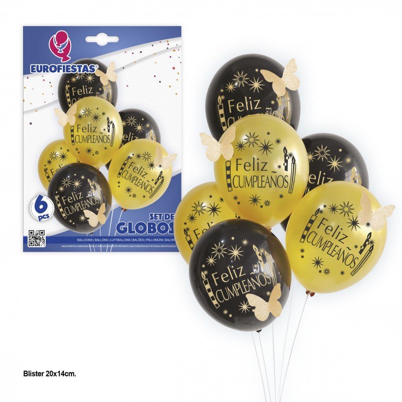 Set Globos Latex Oro Y Negro Feliz Cumpleaños Mariposas 6 Set Globos Latex Oro Y Negro Feliz Cumpleaños Mariposas 6
