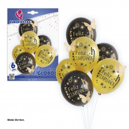 Set Globos Latex Oro Y Negro Feliz Cumpleaños Mariposas 6