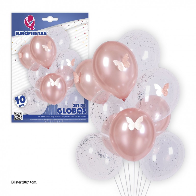 Set globos latex rosa y transparente confeti 10