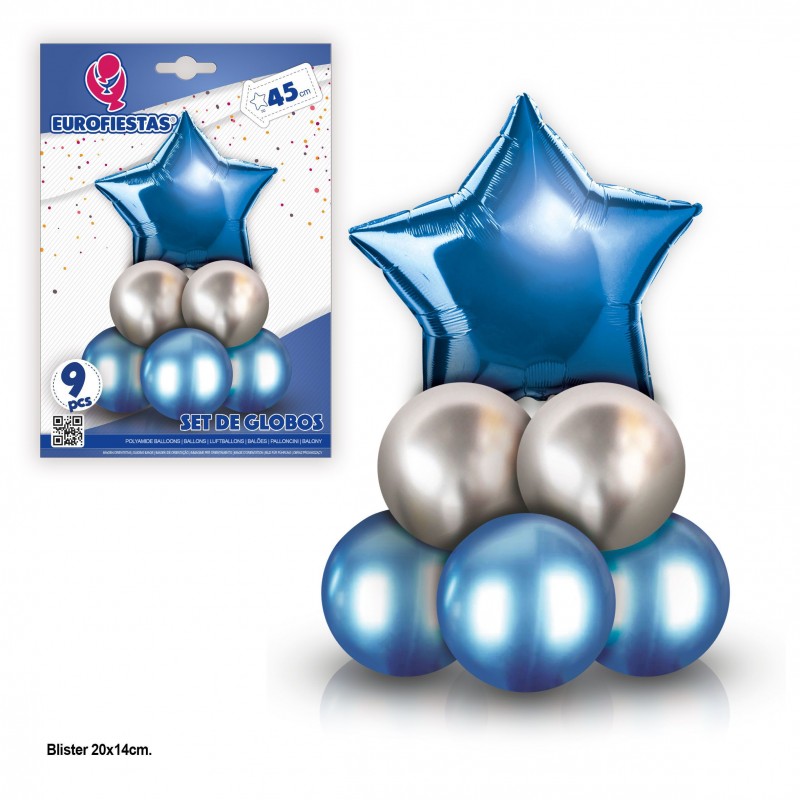 Set 8 Globos Cromo Con Estrella Poliamida Azul Set 8 Globos Cromo Con Estrella Poliamida Azul