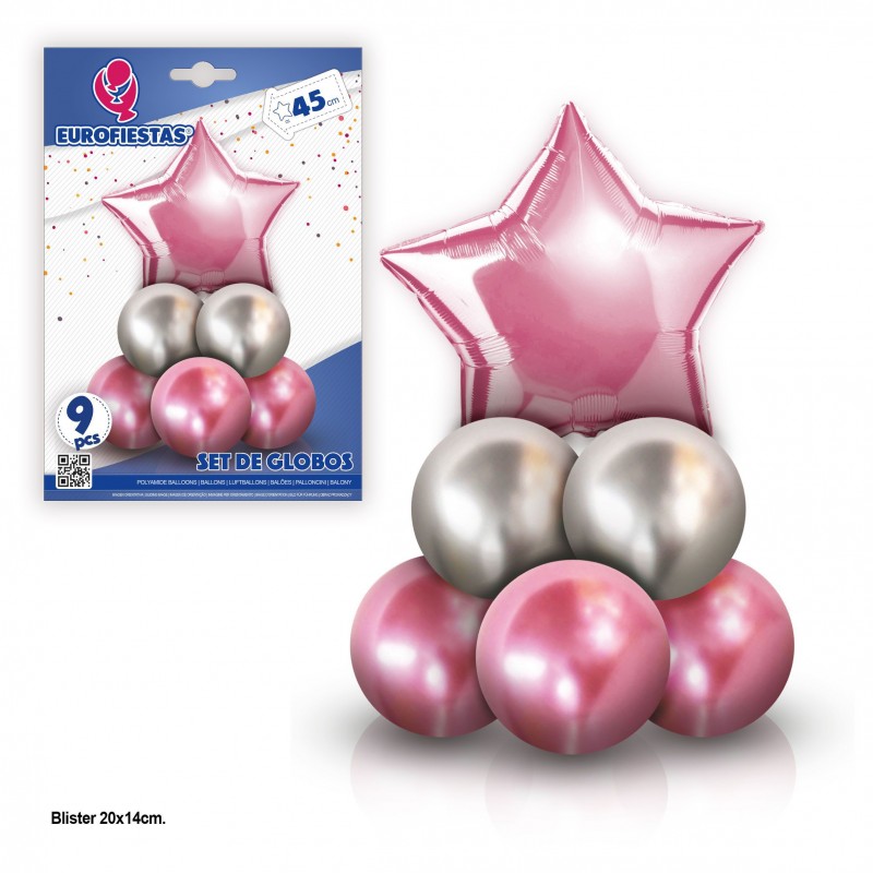 Set 8 globos cromo con estrella poliamida rosa