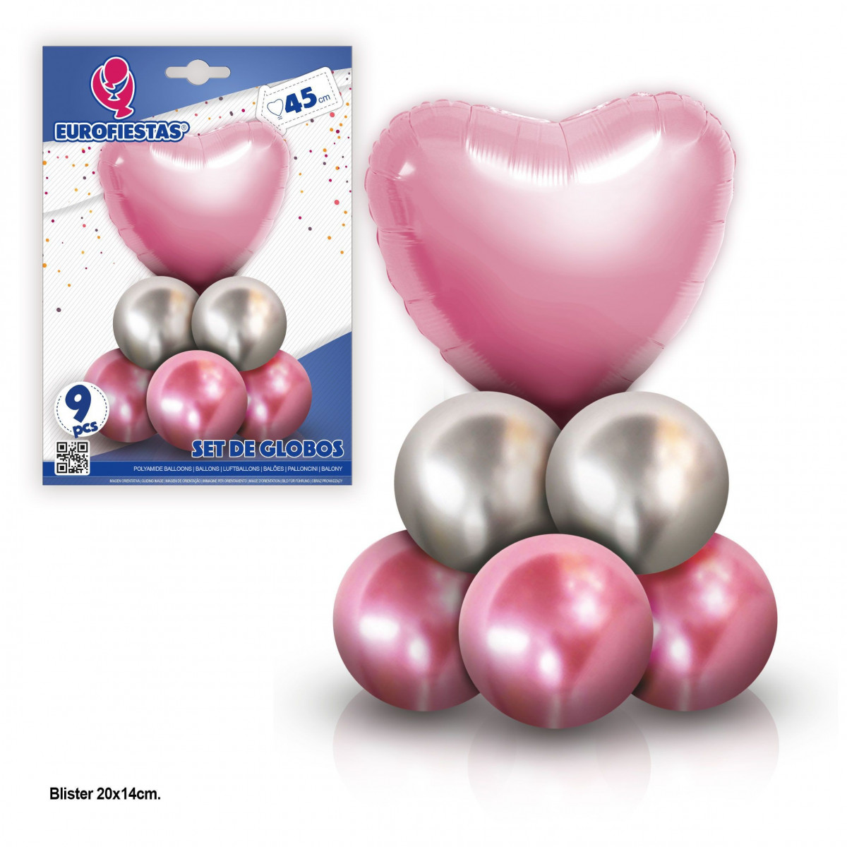 Set 8 globos cromo con corazon poliamida rosa