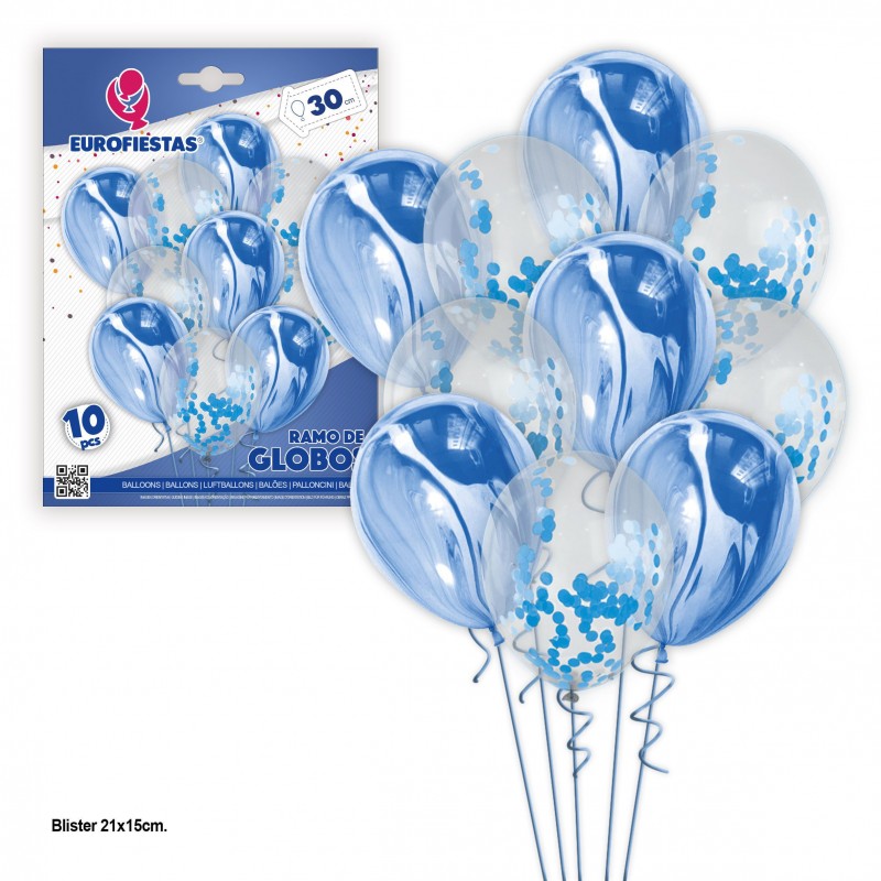 Set 10 globos marmol y confeti azul