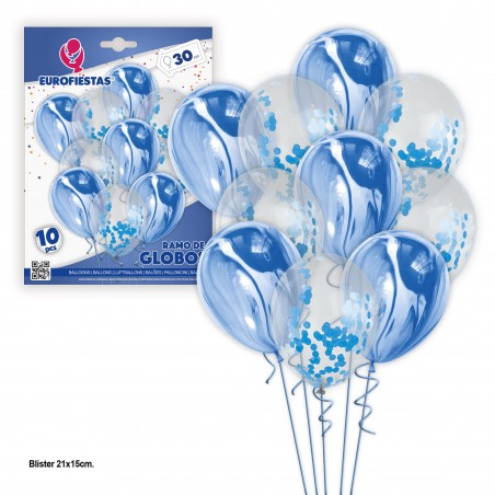 Set 10 Globos Marmol Y Confeti Azul