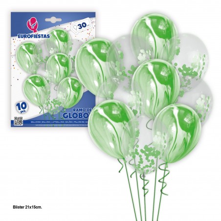 Set 10 Globos Marmol Y Confeti Verde