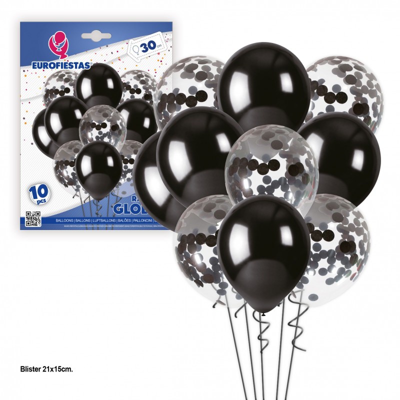 Ramo 10 globos negros y confeti plata