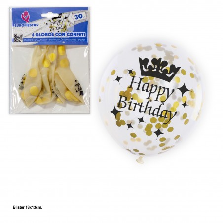 Globo Transparente Confeti Oro 4 Happy Birthday