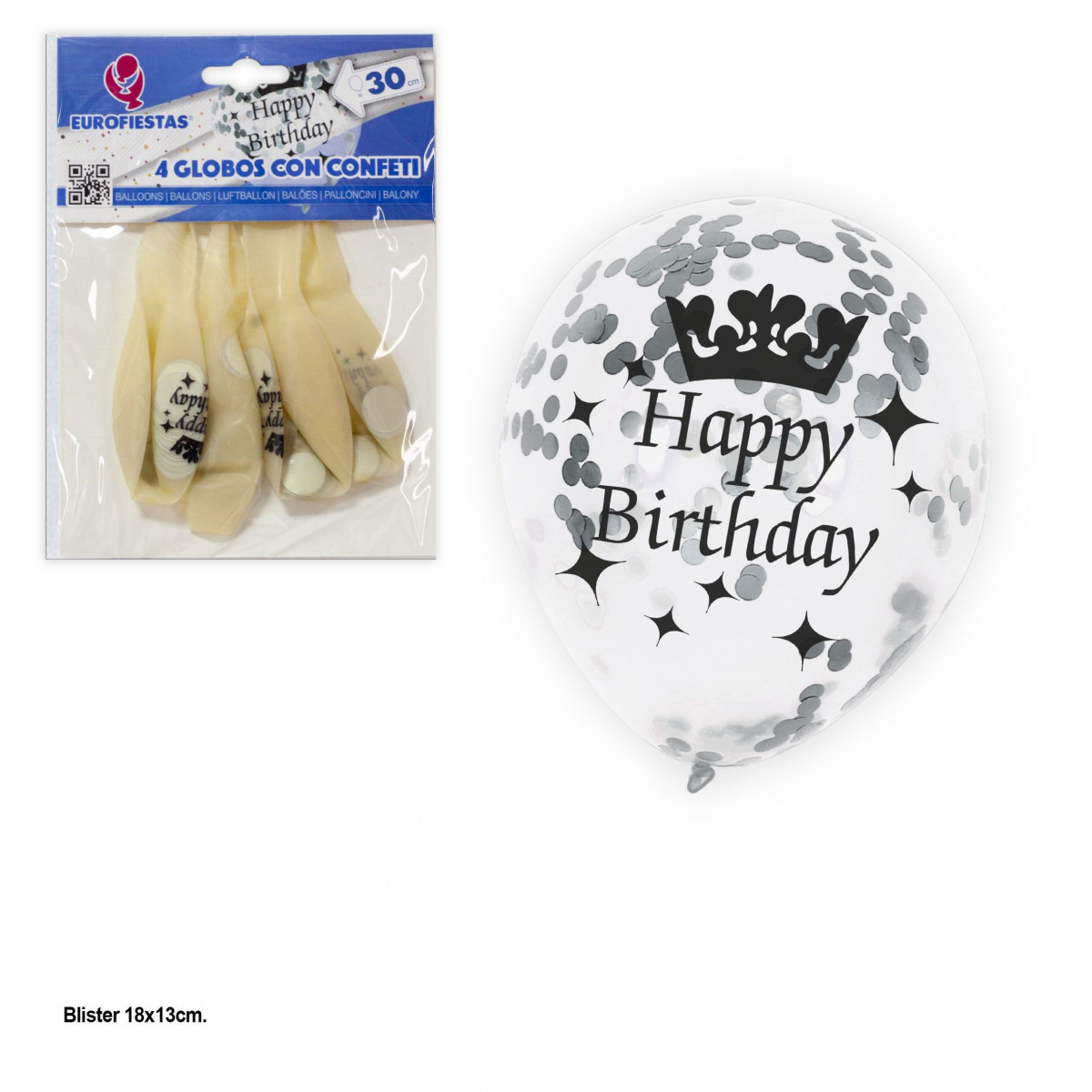 Globo transparente confeti plata 4 happy birthday