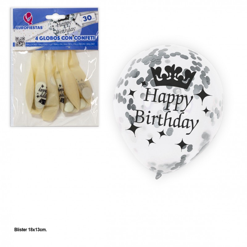 Globo Transparente Confeti Plata 4 Happy Birthday Globo Transparente Confeti Plata 4 Happy Birthday