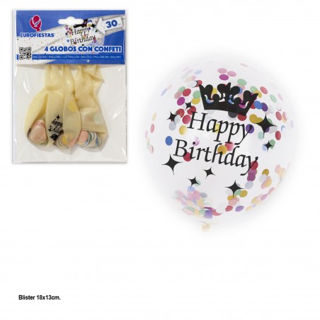 Globo Transparente Confeti Colores 4 Happy Birthday
