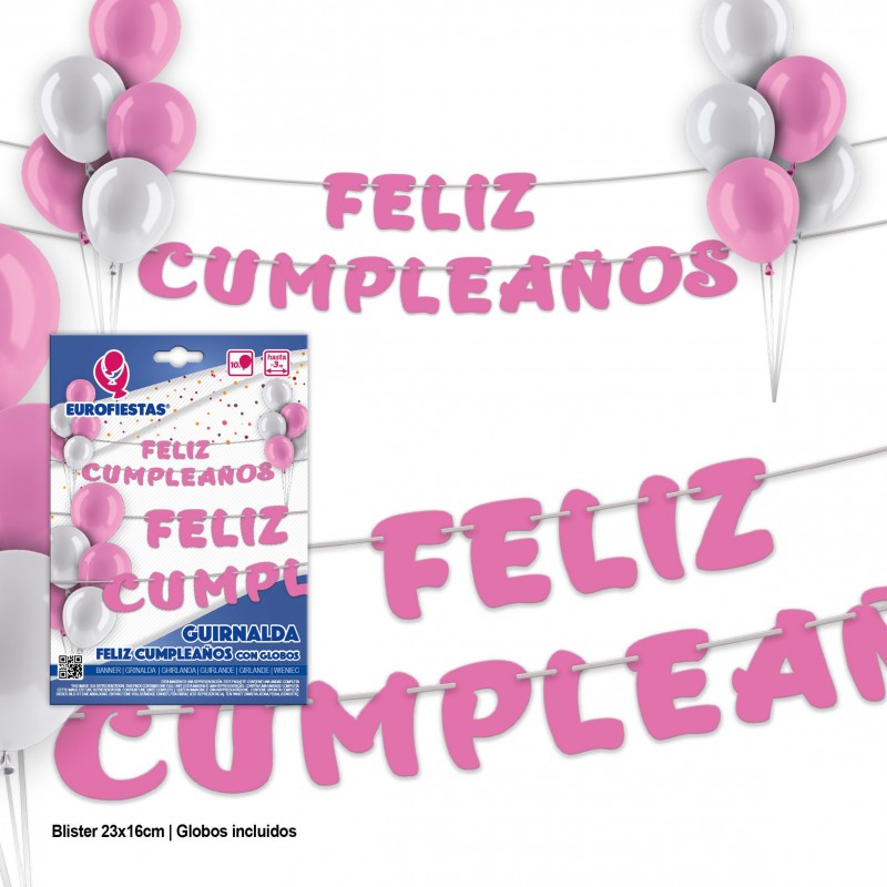 Guirnalda feliz cumpleaños rosa con globos