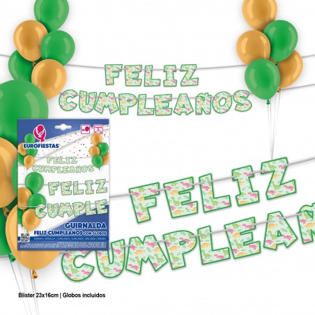 Guirnalda feliz cumpleaños verde dino con globos