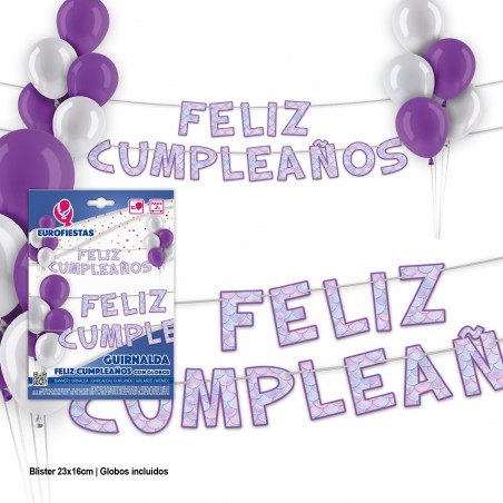 Guirnalda feliz cumpleaños morada sirena con globos