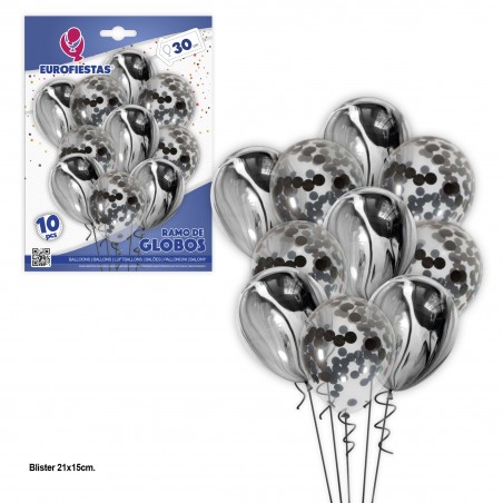 Set 10 Globos Marmol Y Confeti Negro