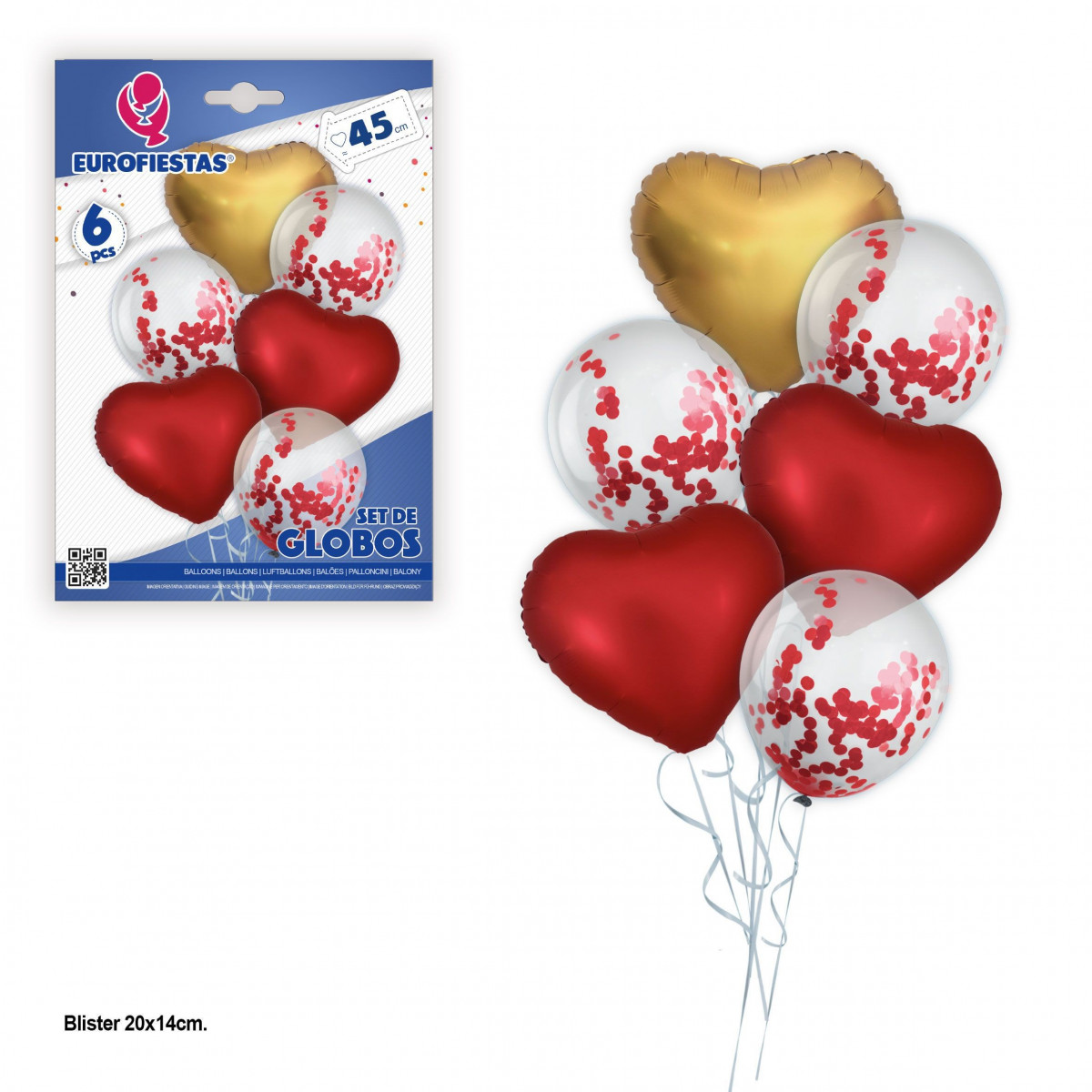 Set globos poliamida corazones rojos y oro con latex confeti rojo