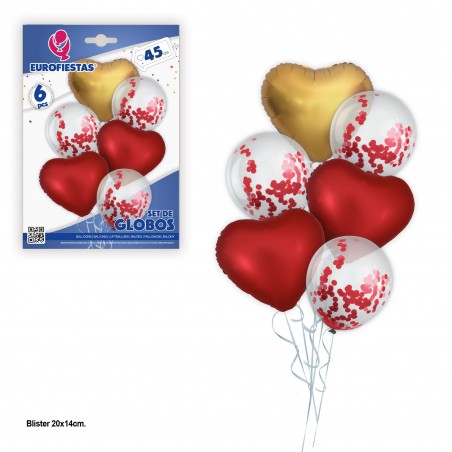 Set Globos Poliamida Corazones Rojos Y Oro Con Latex...