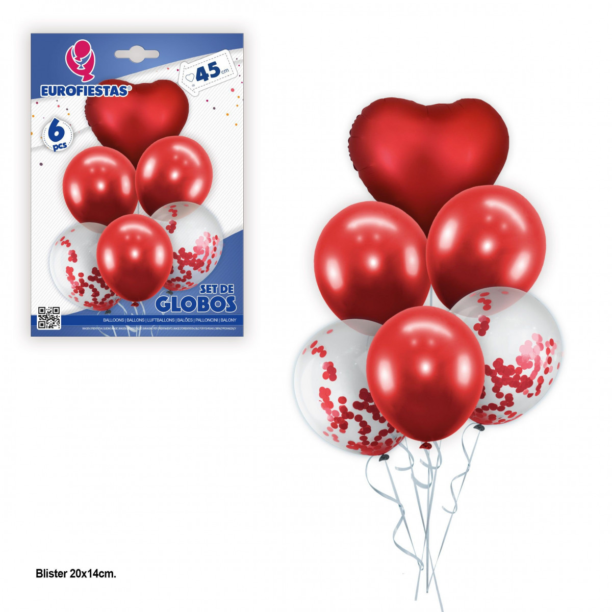 Set globos latex rojos y confeti rojo con poliamida corazon rojo