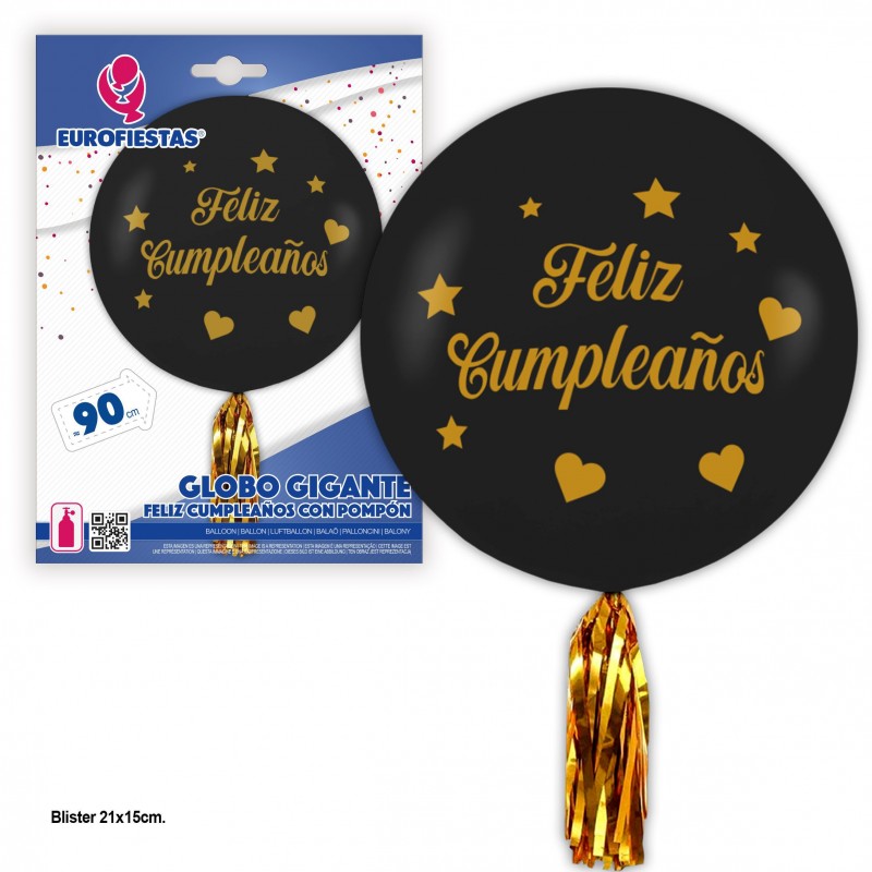 Globo Latex Gigante Negro Con Pompon Feliz Cumple Estrellas Y Corazones Globo Latex Gigante Negro Con Pompon Feliz Cumple Estrellas Y Corazones