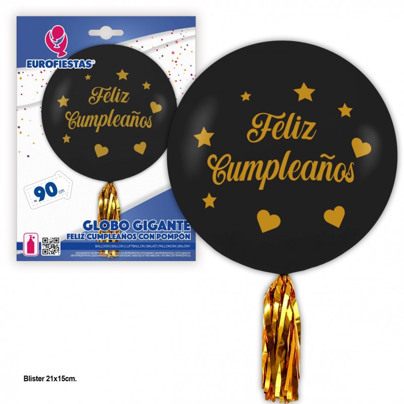 Globo latex gigante negro con pompon feliz cumple estrellas y corazones