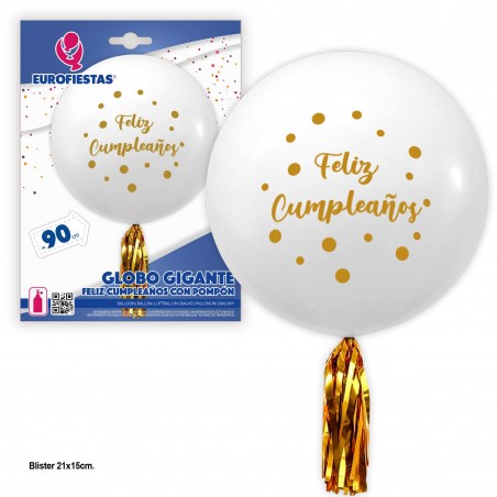 Globo Latex Gigante Blanco Con Pompon Feliz Cumple Lunares