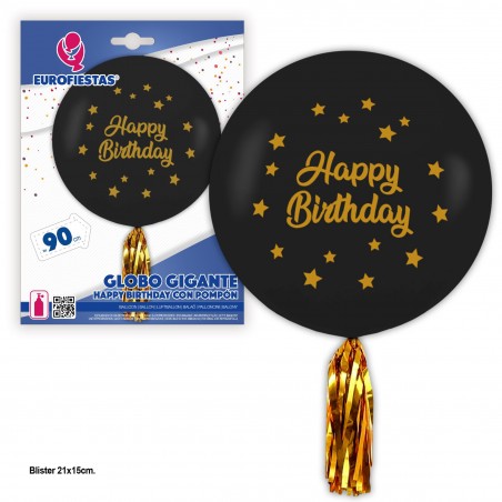 Globo Latex Gigante Negro Con Pompon Happy Birthday Estrellas