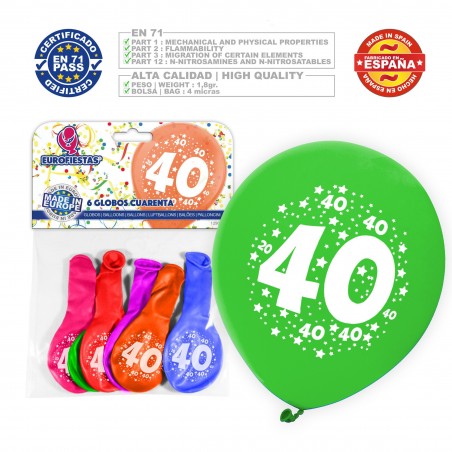 Globo Colores Surtidos 9r Número 40 Impreso 6 Unidades