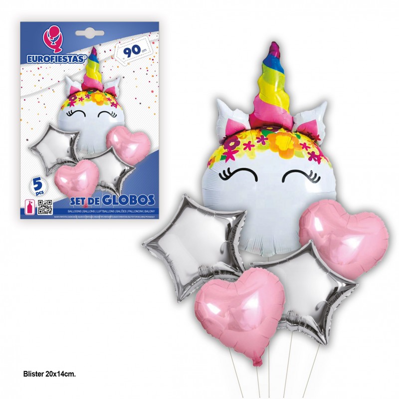 Set globos unicornio estrellas y corazones