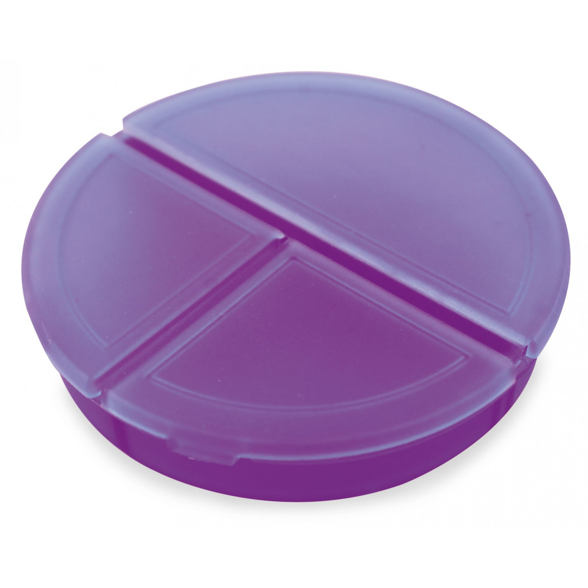 Pastillero redondo lila con 3 compartimentos: Práctico detalle para eventos