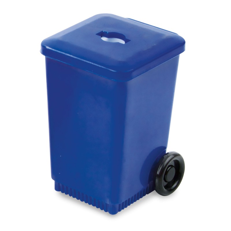 Sacapuntas con depósito estilo contenedor azul