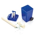Sacapuntas con depósito estilo contenedor azul
