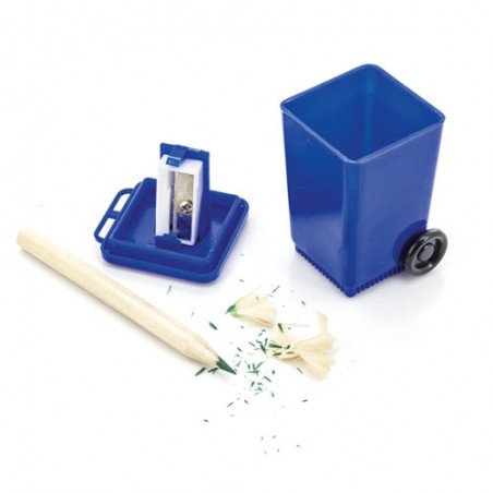 Sacapuntas con depósito estilo contenedor azul