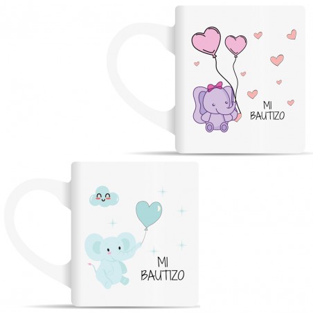 Tazas para regalar en bautizo rosa y celeste