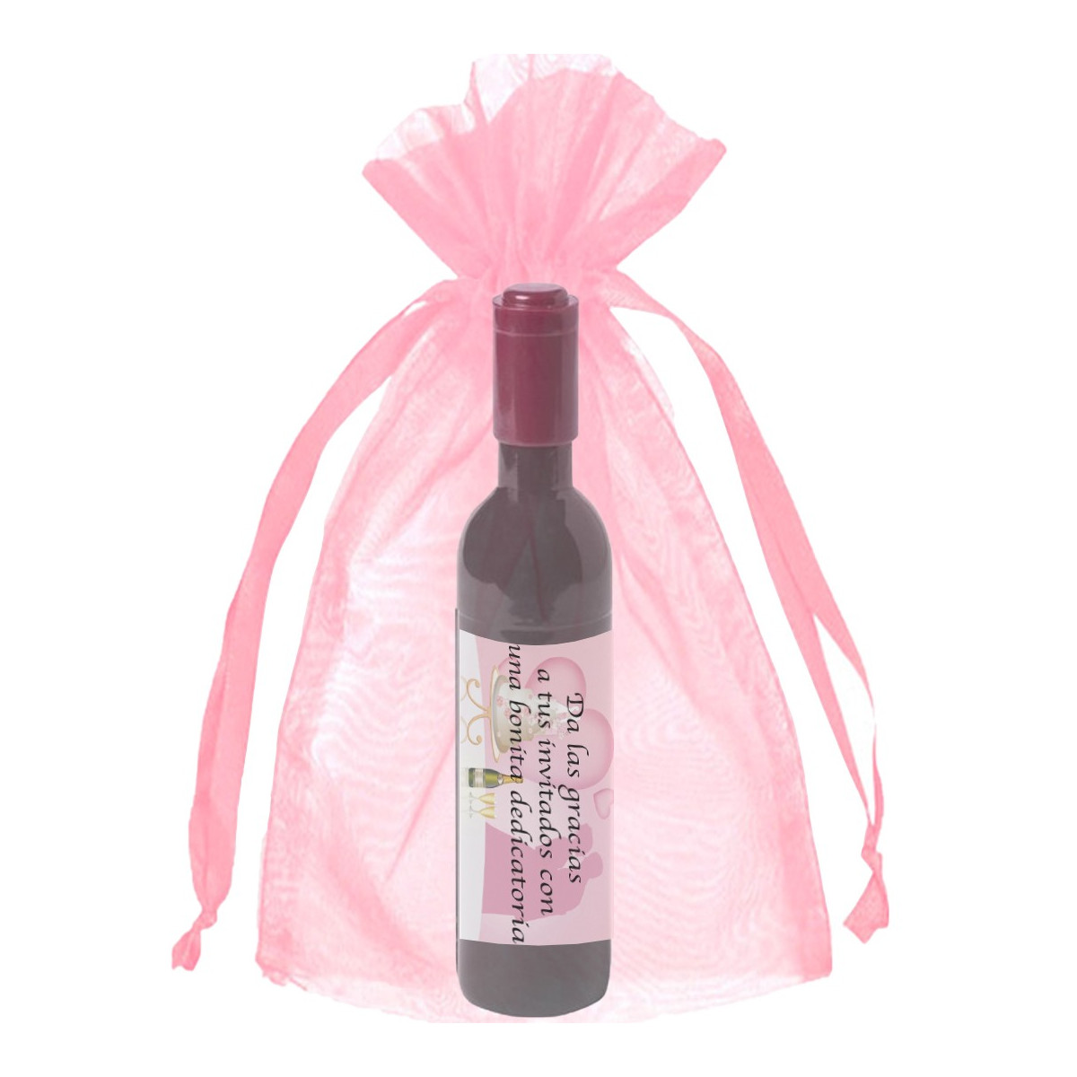 Sacacorchos personalizado con adhesivo en bolsa de organza rosa