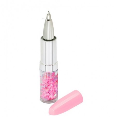 Bolígrafo pintalabios personalizado con foto y monedero rosa para bautizo presentado en bolsa rosa