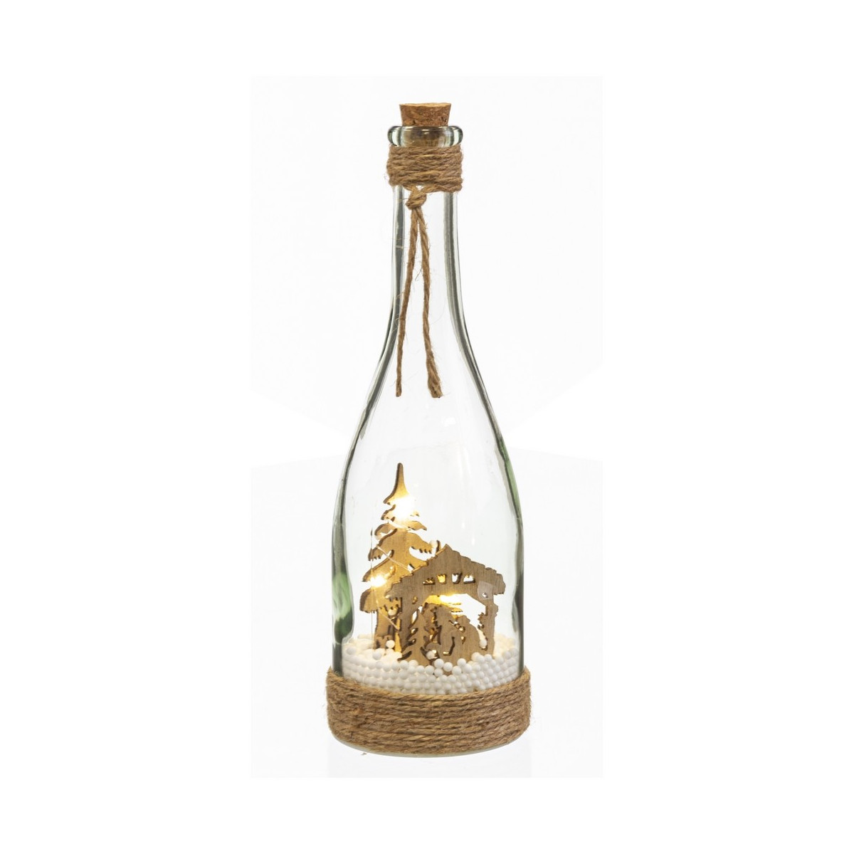 Botella belén con luz vidrio 8 x 8 x 28 cm