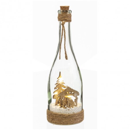 Botella belén con luz vidrio 8 x 8 x 28 cm