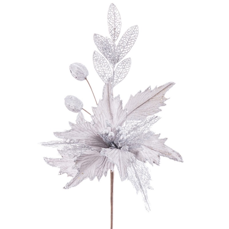 Rama poinsettia tejido plata 32 cm