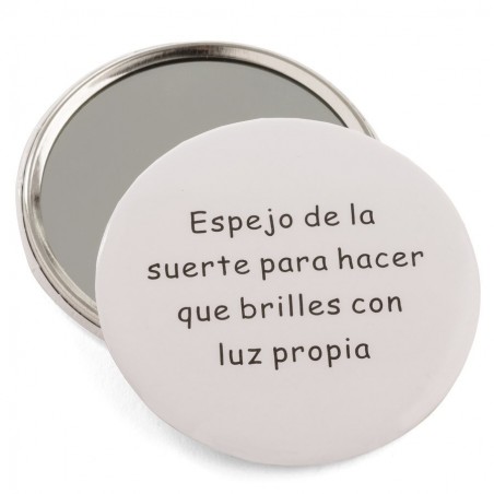 Espejo con frase en bolsa de organza beige con bolígrafo pintalabios
