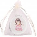 Espejo Blanco con Adhesivo Niña Angelita en Bolsa de Organza Beige