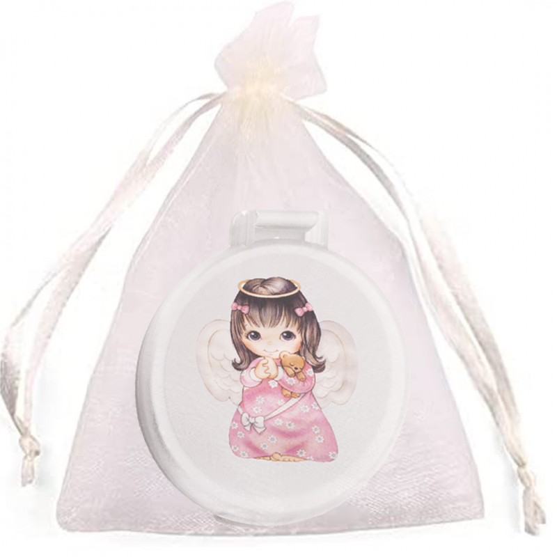 Espejo Blanco con Adhesivo Niña Angelita en Bolsa de Organza Beige Espejo Blanco con Adhesivo Niña Angelita en Bolsa de Organza Beige