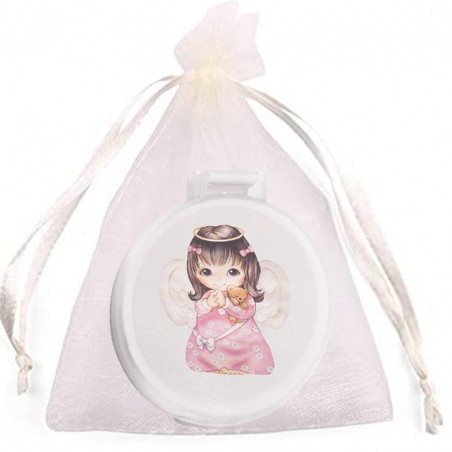 Espejo blanco con adhesivo niña angelita en bolsa de organza beige