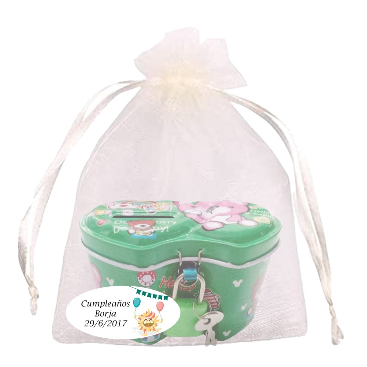 Hucha para niño surtida en colores en bolsa de organza beige personalizada con adhesivo