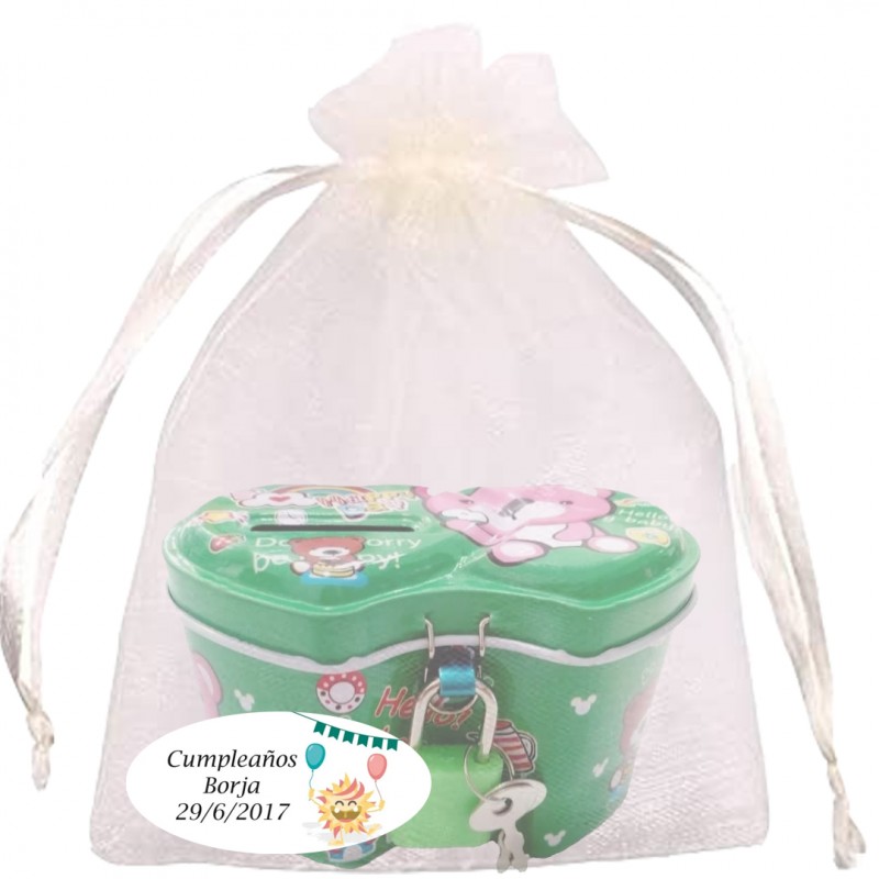 Hucha para Niño Surtida en Colores en Bolsa de Organza Beige Personalizada con Adhesivo Hucha para Niño Surtida en Colores en Bolsa de Organza Beige Personalizada con Adhesivo
