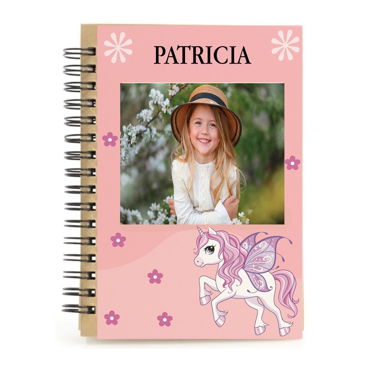 Libreta unicornio rosa personalizada con nombre y foto a todo color