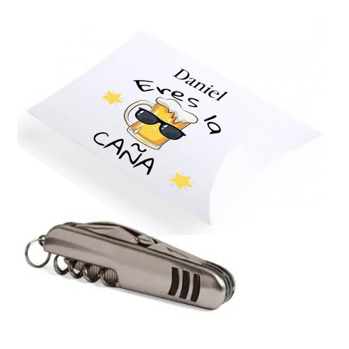 Navaja en caja de regalo personalizada con adhesivo eres la caña