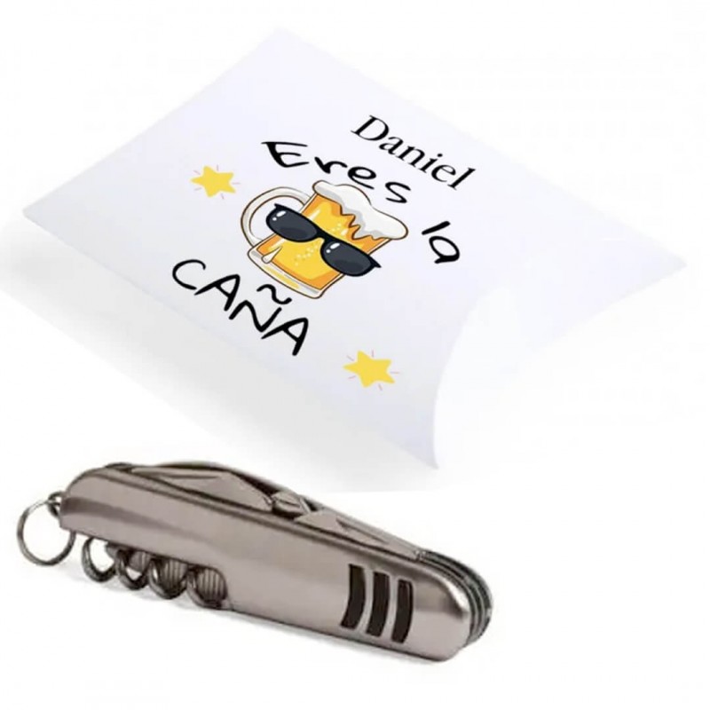 Navaja en caja de regalo personalizada con adhesivo eres la caña