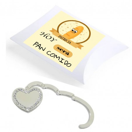Cuelgabolsos corazón presentado en caja de regalo personalizada con nombre