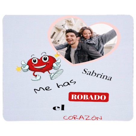 Alfombrilla de ratón blanca me has robado el corazón personalizada con nombre y foto a todo color